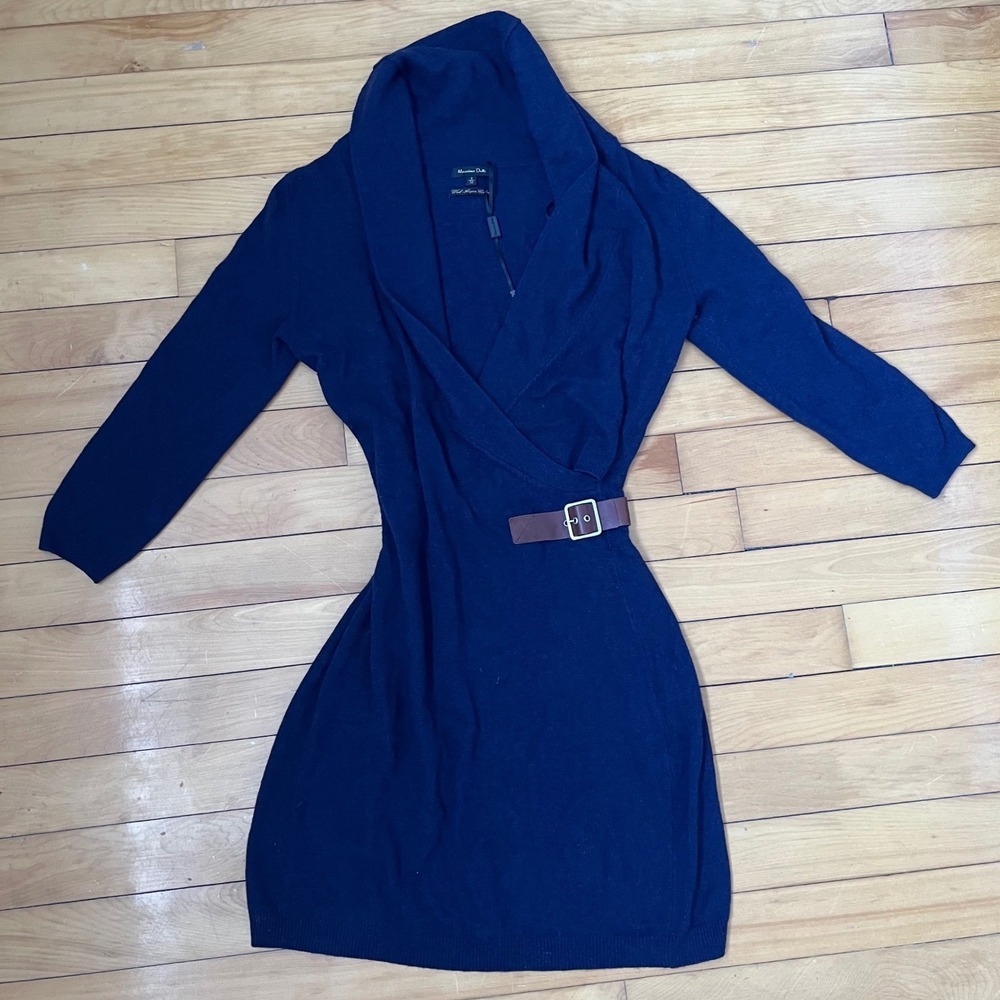 Massimo Dutti Navy Wool Angora Cashmere Shawl Collar Wrap Dress Blue Small